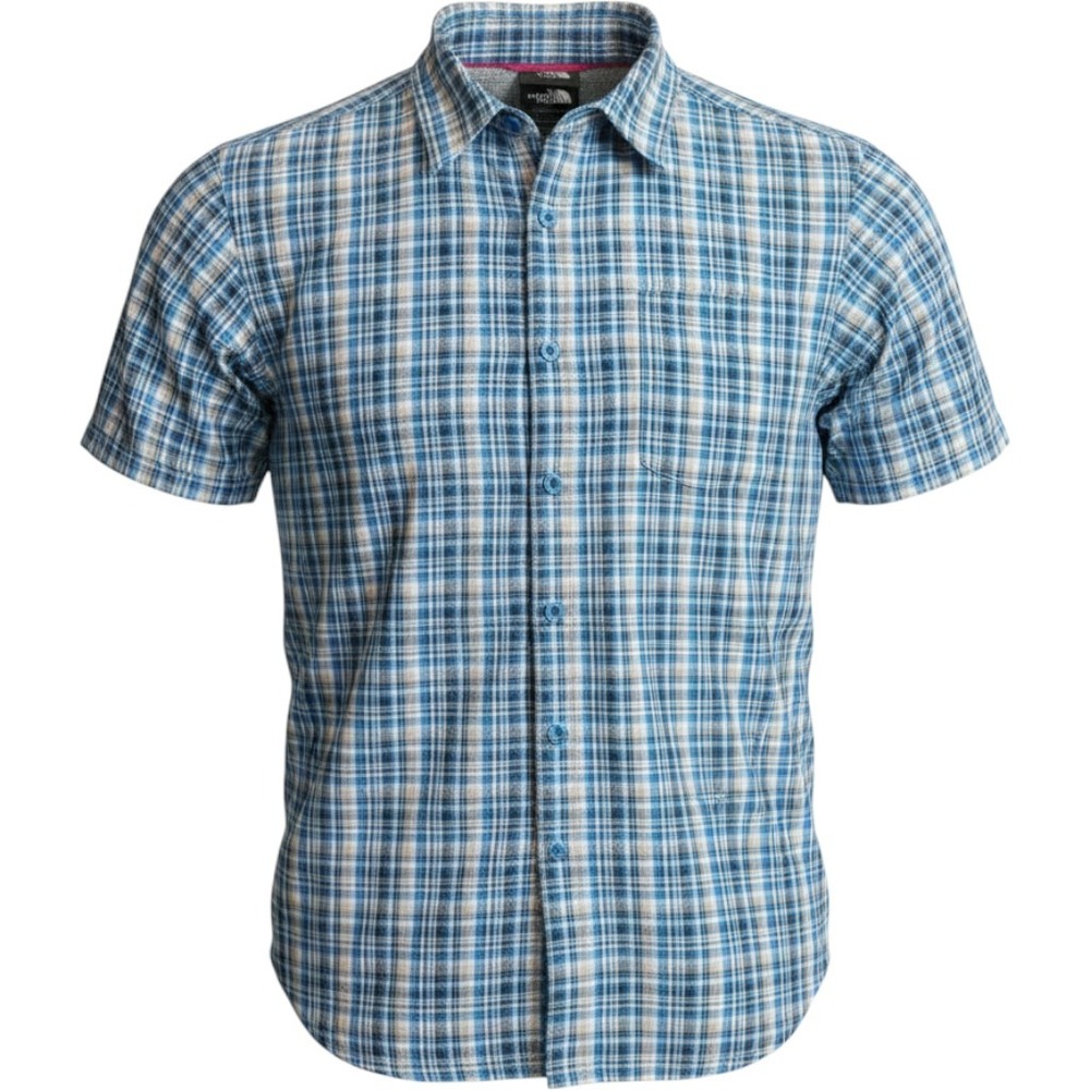 The North Face Plaid Button Down Mens M Blue Excellent Short Sleeve Hiking Shirt